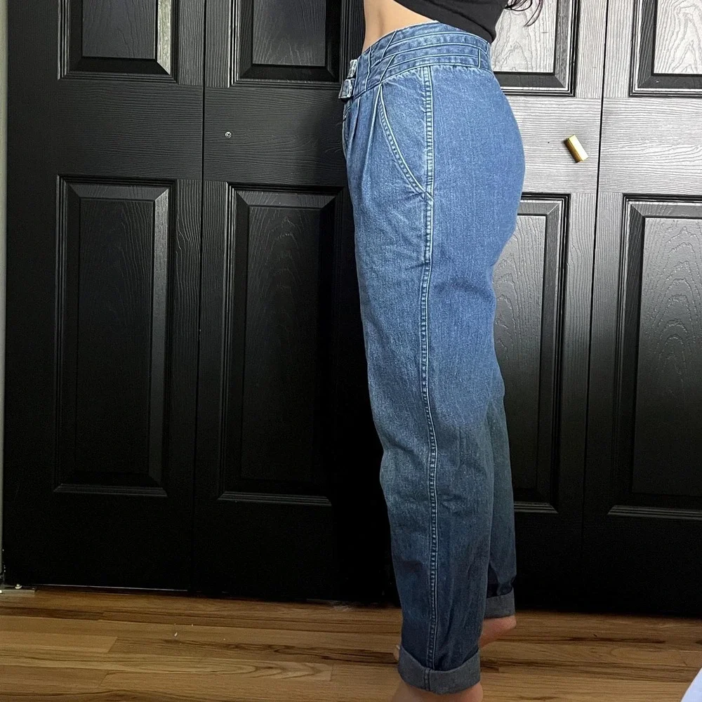 vtg‎ 80s Brittania dark denim mom jeans front double buckle size 11 tapered